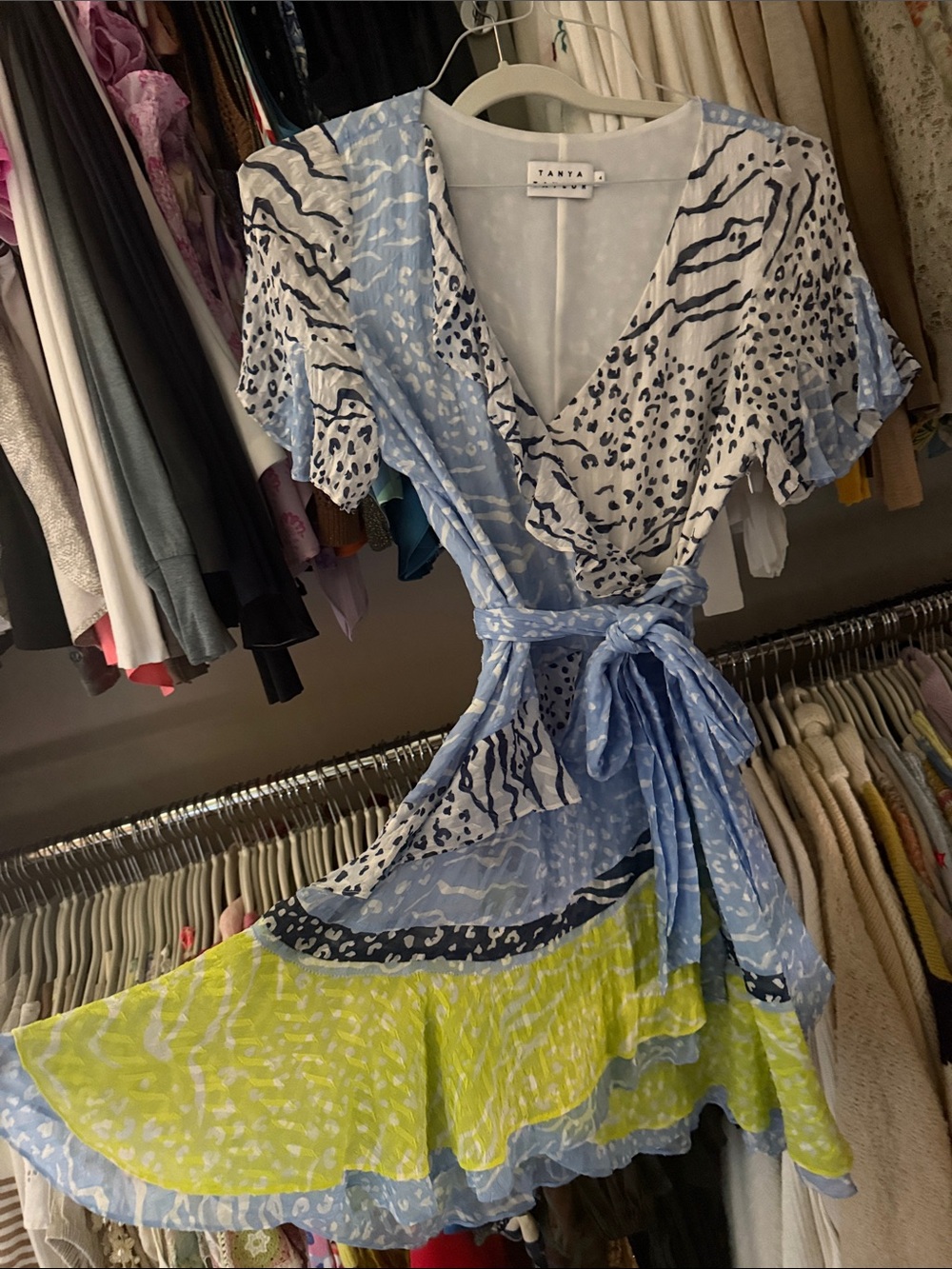 Tanya Taylor Multi-Print Wrap Dress in Light Blue & Lime